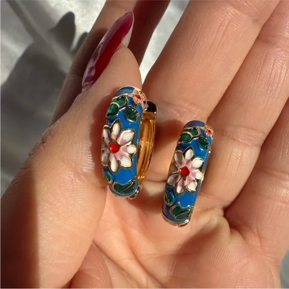 Colorful Festival Floral Blue and Gold Hoop Earrings - Picture 9 of 12